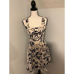 ANTHROPOLOGIE Vanessa Virginia Blue Black Floral Ink Set Blooms Dress Size 2